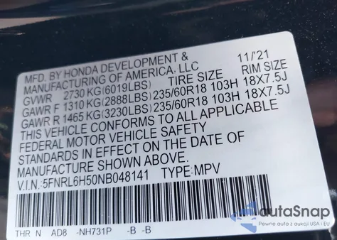 2022 Honda Odyssey Ex from USA, damaged, VIN 5FNRL6H50NB048141